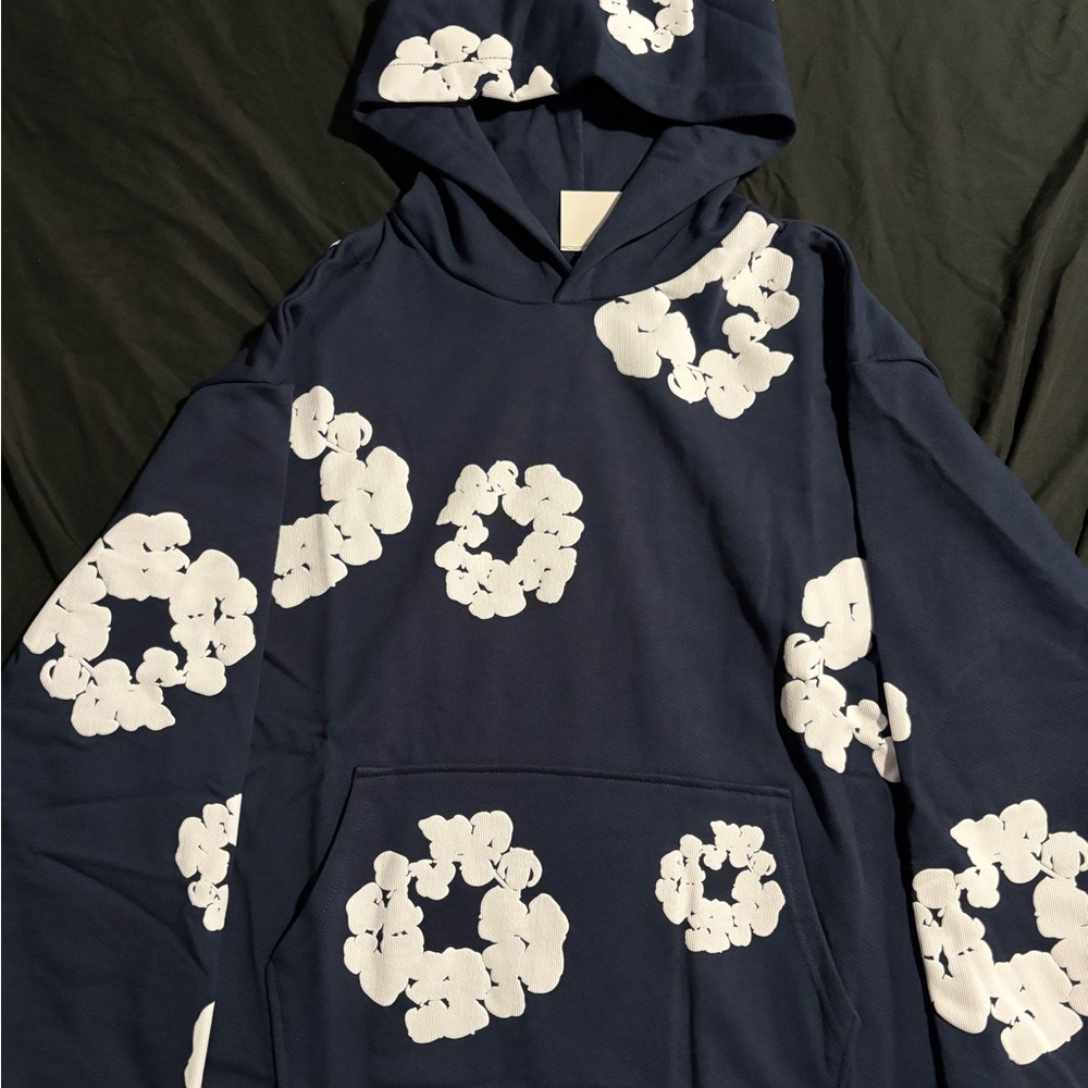 Navy Blue Hoodie with White Floral Pattern